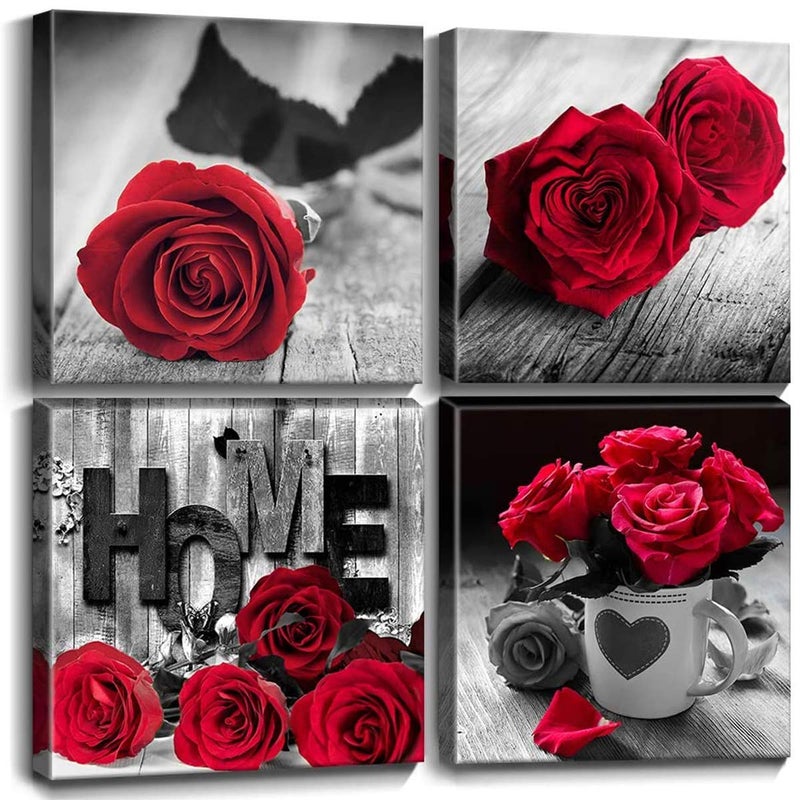 YOOOAHU Rustic Rose Floral Canvas Wall Art Red Flower Pictures for Living Room Home Decorations Girls Bedroom Over Bed Wall Decor Retro Bouquet Paintings Posters Romantic Artwork 16x16â€ 4P Valentines Gifts - Image 1